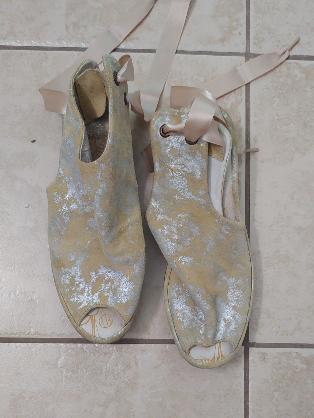 Fly London Shoes Gold & Silver Tie Back Peep Toe Wedges Women's Size 37/7